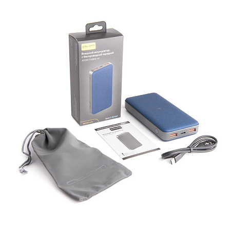 Внешний аккумулятор "ATOM" 16000 мАч, беспроводная зарядка, Type-C , текстиль